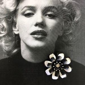 Large Black White 1960’s Enamel Flower Brooch - image 1